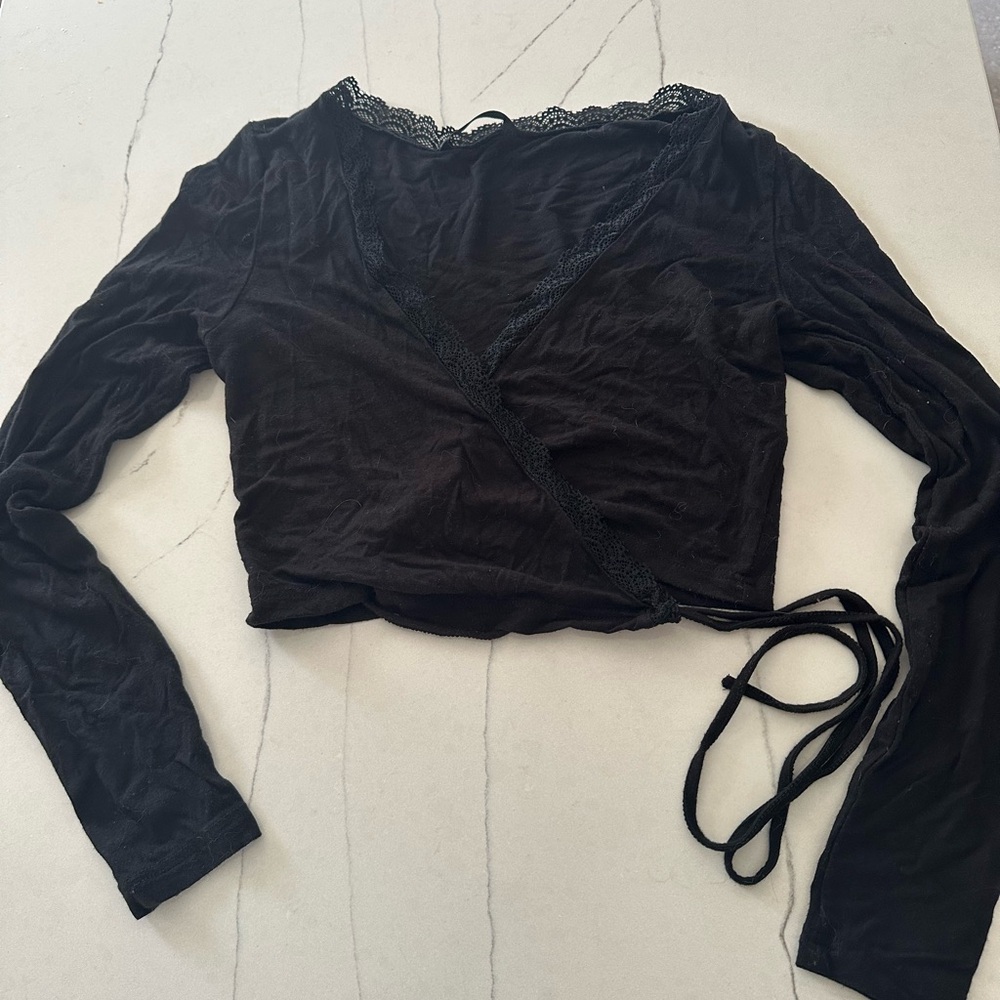 SHEIN Black Lace Wrap Blouse